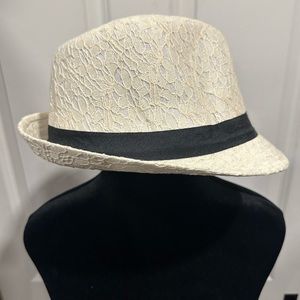 Sophisticated Ivory Lace Fedora Hat with Classic Black Ribbon